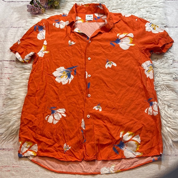 Zara Shirts Zara Mens Regular Fit Flower Tropical Button Down Shirt